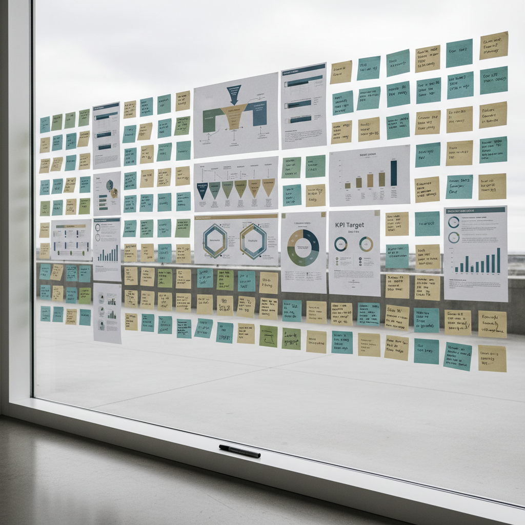 A large transparent glass wall covered with precisely arranged sticky notes and printed strategy diagrams, each showing funnel stages, customer journey maps, and KPI targets in refined typography. A slim matte-black marker rests on a minimal white ledge below. Diffused daylight from an overcast sky streams through the glass, casting soft reflections and faint layered shadows of the notes on a polished concrete floor. Shot from a slightly angled, mid-distance perspective, the composition follows the rule of thirds, drawing the eye across the strategic flow. The photographic, high-resolution style and restrained color palette of muted blues, greens, and warm neutrals create a calm, analytical atmosphere suited to professional sales and marketing consulting.