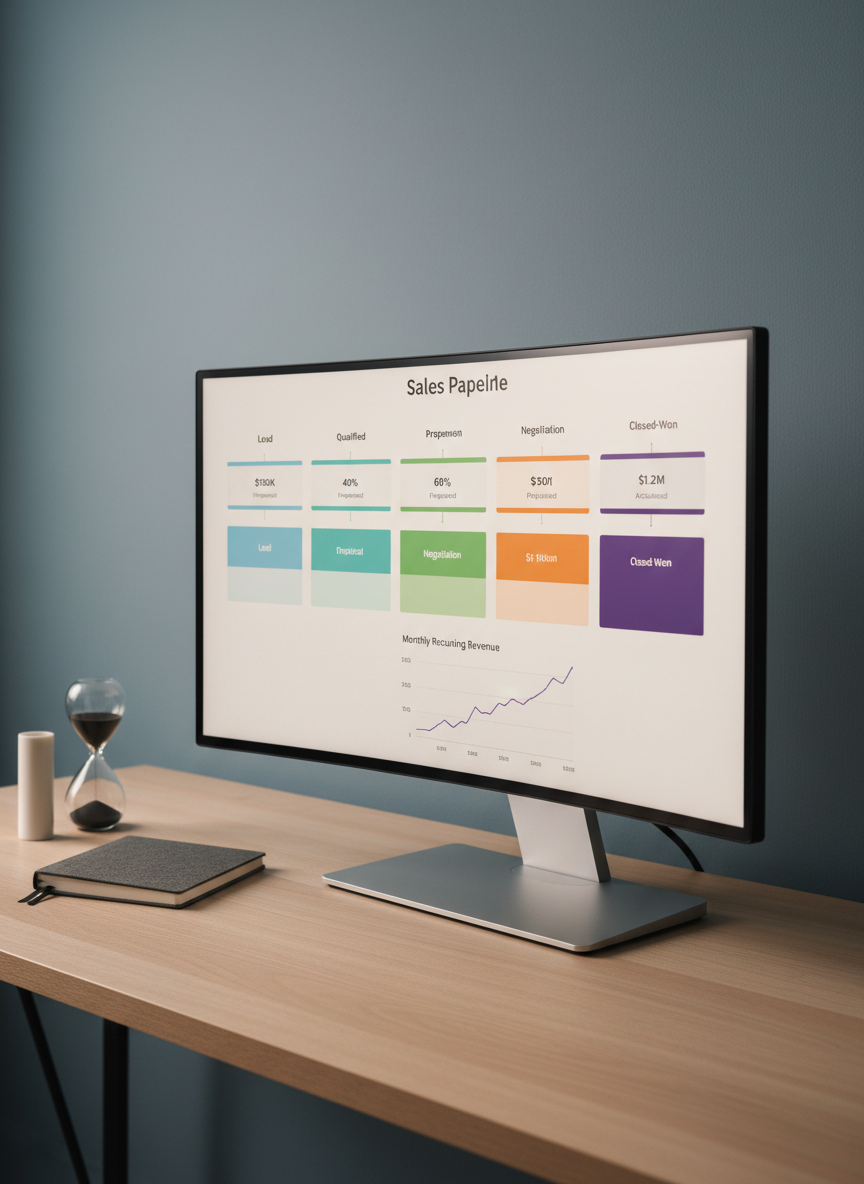 A meticulously organized sales pipeline dashboard displayed on an ultra-wide curved monitor, showing crisp, color-coded stages from lead to closed-won, with clear percentage conversions and revenue projections. The monitor stands on a light oak desk with a subtle grain, accompanied by a closed graphite-gray notebook and a minimalist sand timer with black sand. Warm, indirect studio lighting creates a gentle glow on the screen and a soft gradient on the background wall in muted slate blue. Captured from a slightly elevated three-quarter angle with sharp focus, the image exudes structure, predictability, and modern efficiency, using photographic realism and a clean, contemporary aesthetic ideal for a growth-focused consulting brand.